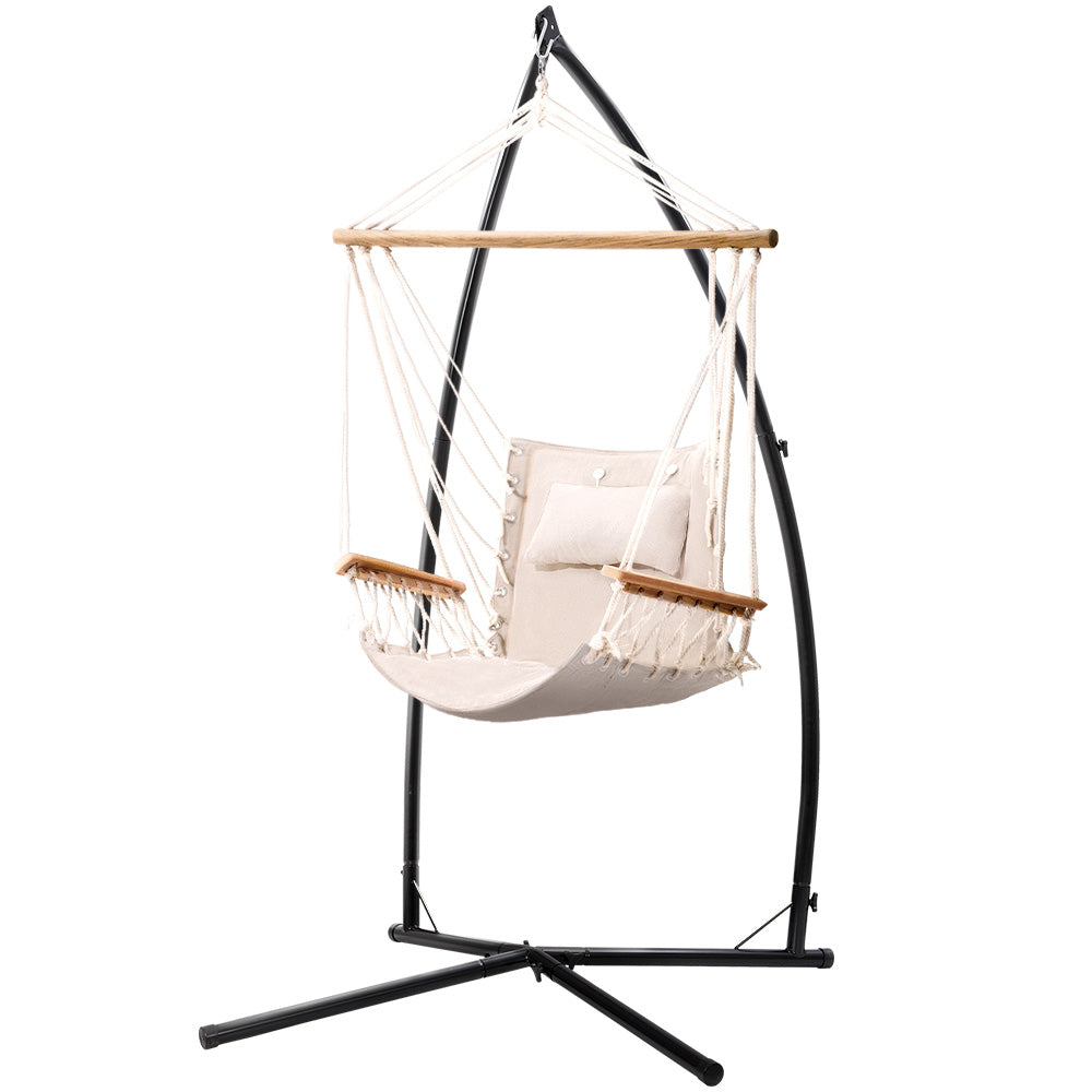 Hammock Chair with Steel Stand Armrest Outdoor Hanging Cream