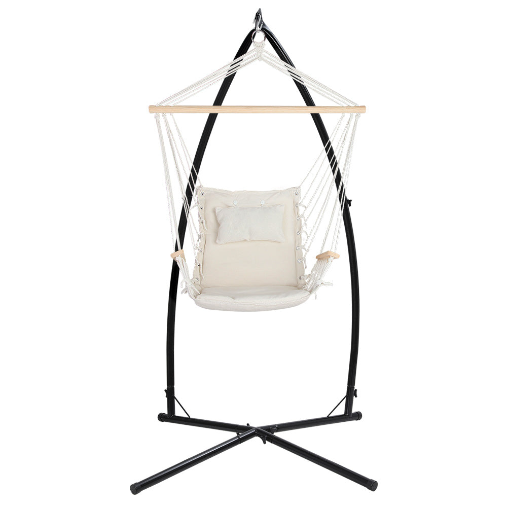 Hammock Chair with Steel Stand Armrest Outdoor Hanging Cream