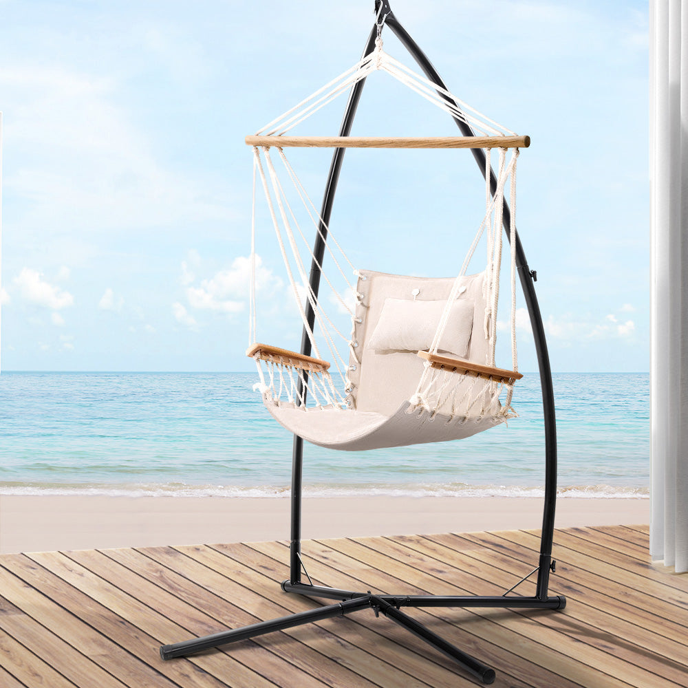 Hammock Chair with Steel Stand Armrest Outdoor Hanging Cream