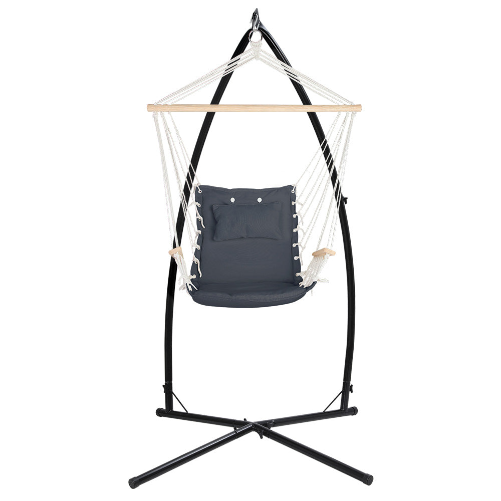 Hammock Chair with Steel Stand Armrest Outdoor Hanging Grey