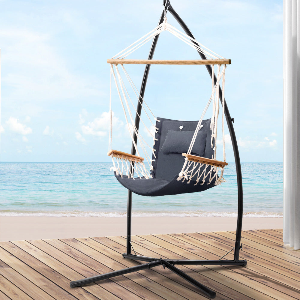 Hammock Chair with Steel Stand Armrest Outdoor Hanging Grey