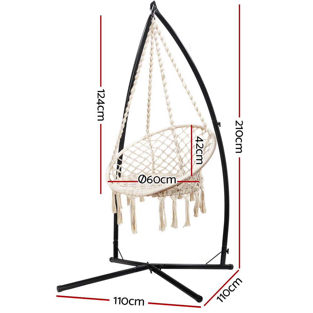 Hammock Chair with Steel Stand Macrame Outdoor Swinging Cream