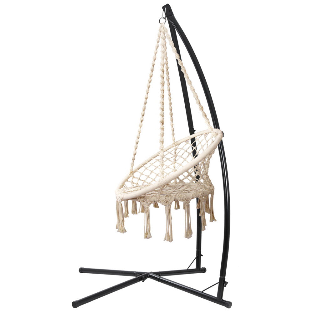 Hammock Chair with Steel Stand Macrame Outdoor Swinging Cream