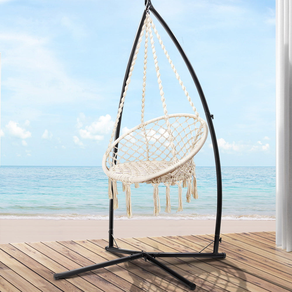 Hammock Chair with Steel Stand Macrame Outdoor Swinging Cream