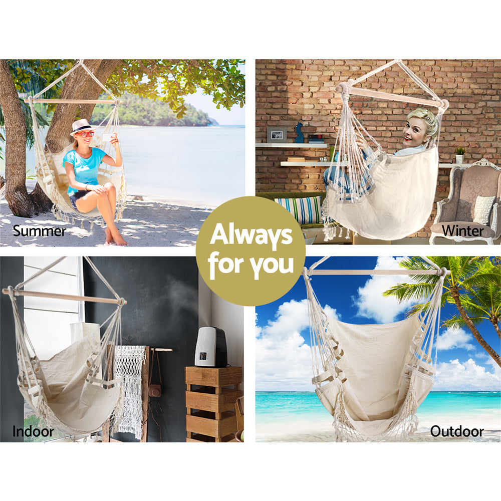 Hanging Hammock Chair Outdoor Swing Hammocks Tassel Cream